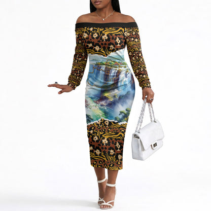 Zambian Heritage Independence 1964 Off The Shoulder Long Sleeve Dress Traditional African Seamless Pattern