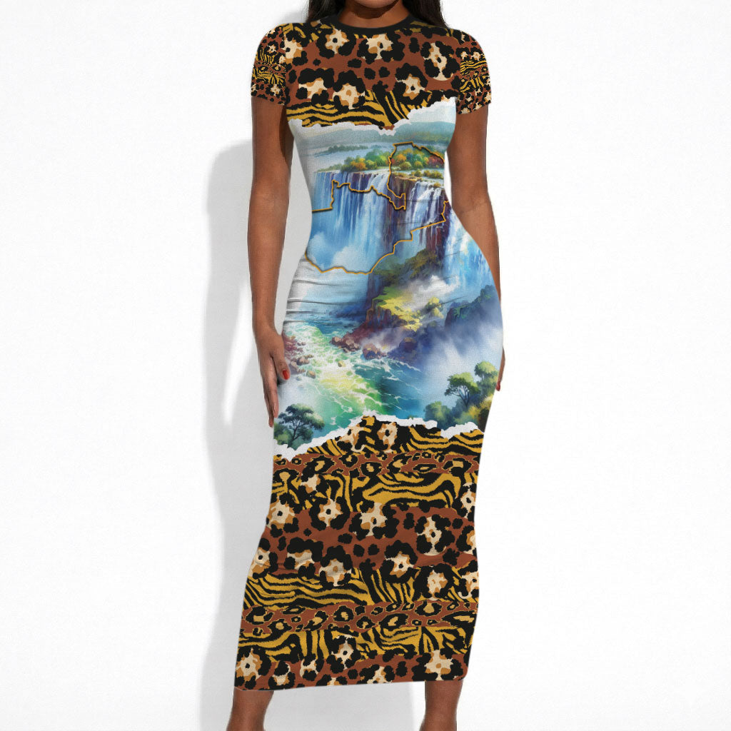 Zambian Heritage Independence 1964 Short Sleeve Bodycon Dress Traditional African Seamless Pattern