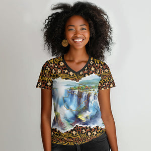 Zambian Heritage Independence 1964 Women V-Neck T-Shirt Traditional African Seamless Pattern