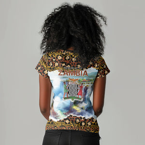 Zambian Heritage Independence 1964 Women V-Neck T-Shirt Traditional African Seamless Pattern