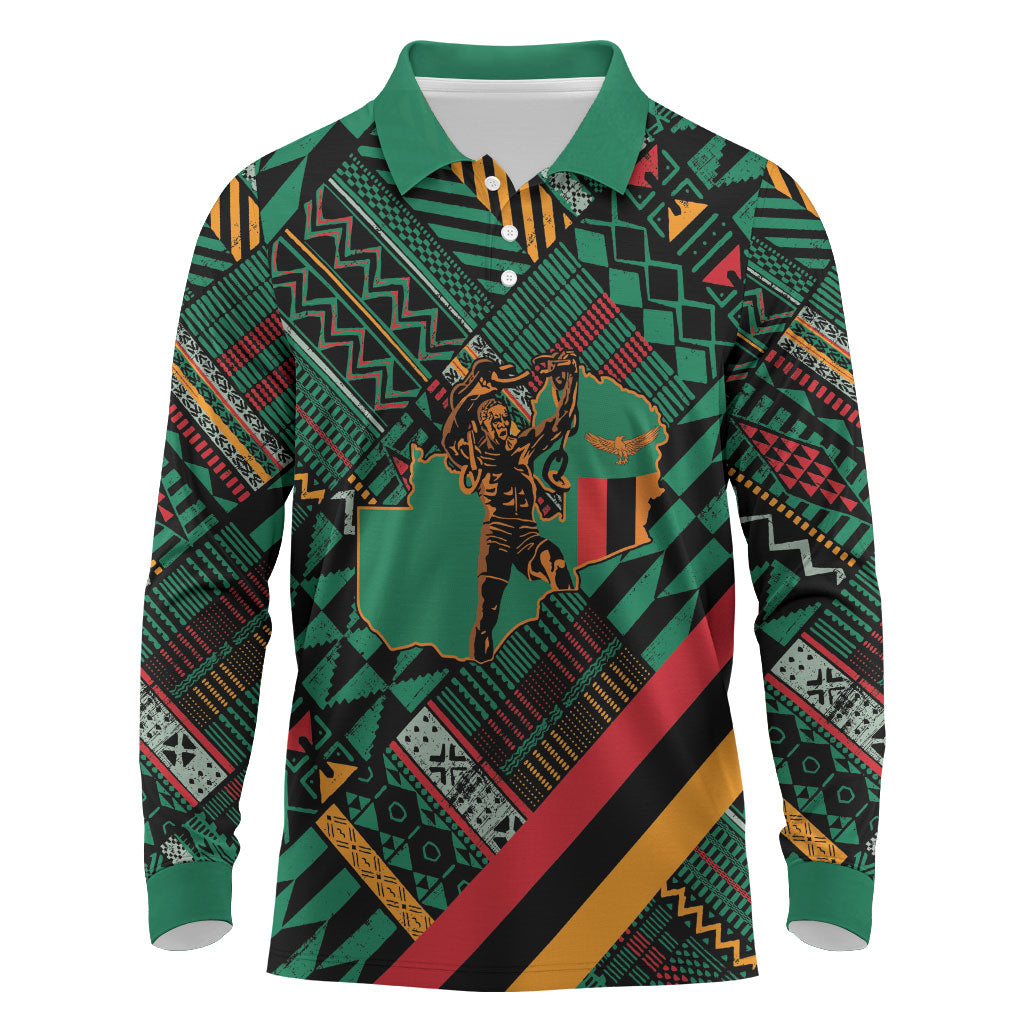 Zambia Victoria Falls Long Sleeve Polo Shirt Indigenous Wild Animal Skins Tribal Patchwork