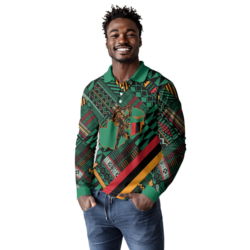 Zambia Victoria Falls Long Sleeve Polo Shirt Indigenous Wild Animal Skins Tribal Patchwork