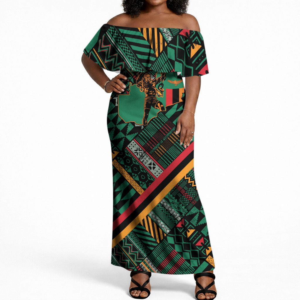 Zambia Victoria Falls Off Shoulder Maxi Dress Indigenous Wild Animal Skins Tribal Patchwork
