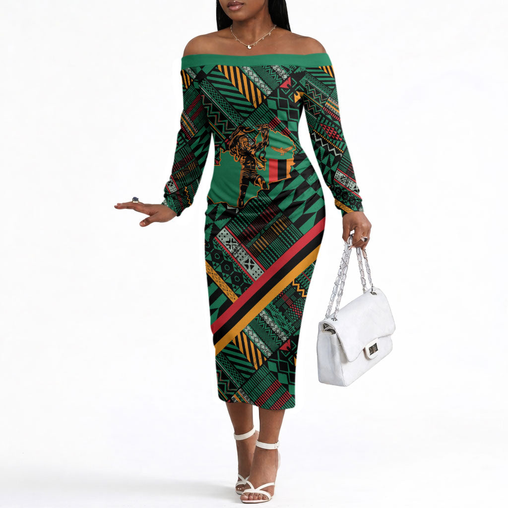 Zambia Victoria Falls Off The Shoulder Long Sleeve Dress Indigenous Wild Animal Skins Tribal Patchwork