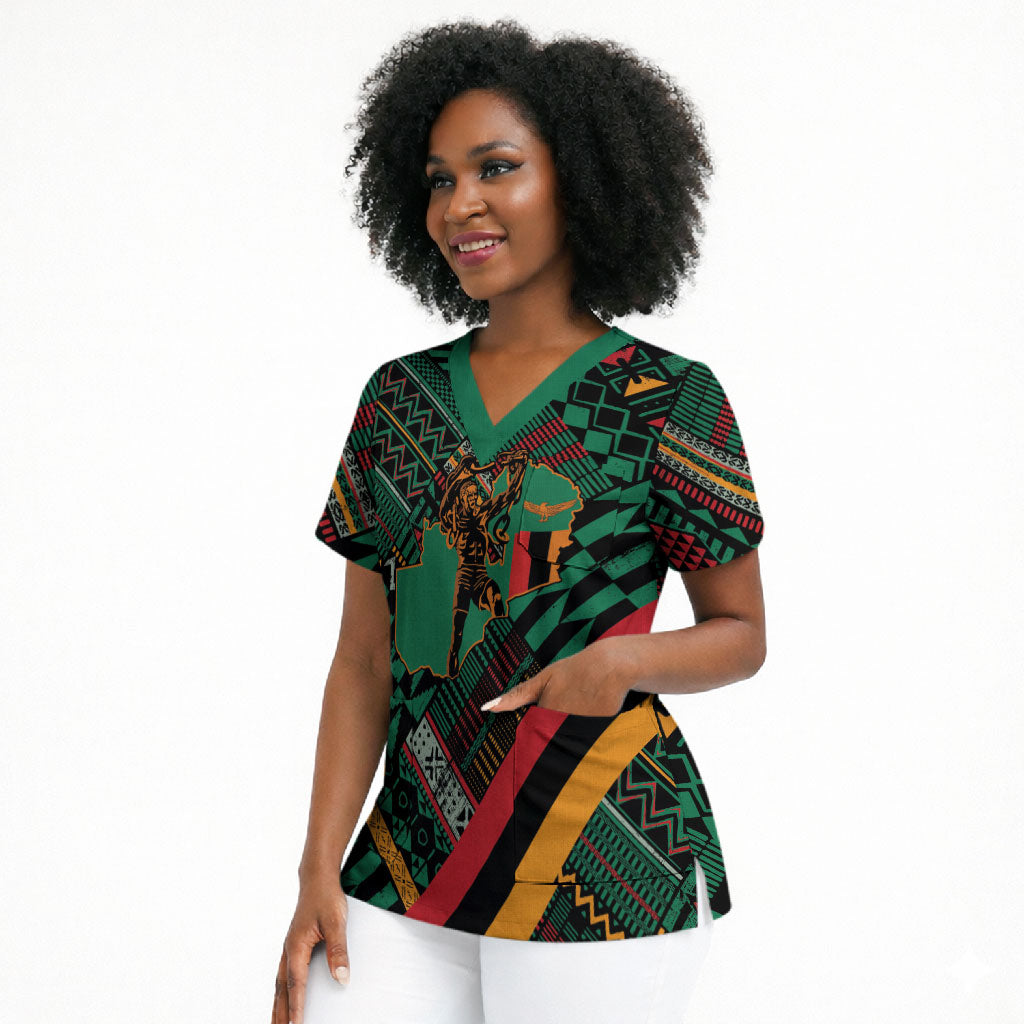 Zambia Victoria Falls Scrub Top Indigenous Wild Animal Skins Tribal Patchwork