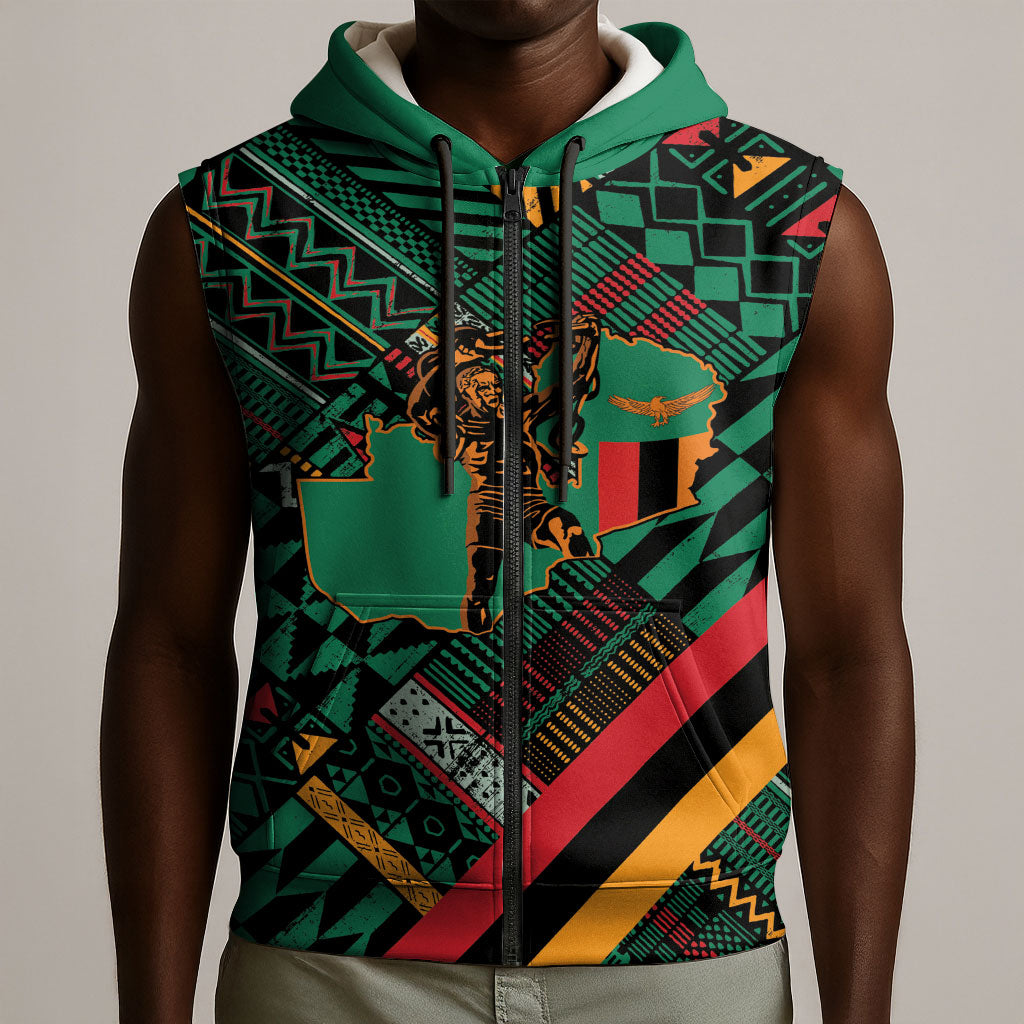 Zambia Victoria Falls Sleeveless Zip Hoodie Indigenous Wild Animal Skins Tribal Patchwork