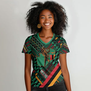 Zambia Victoria Falls Women V-Neck T-Shirt Indigenous Wild Animal Skins Tribal Patchwork