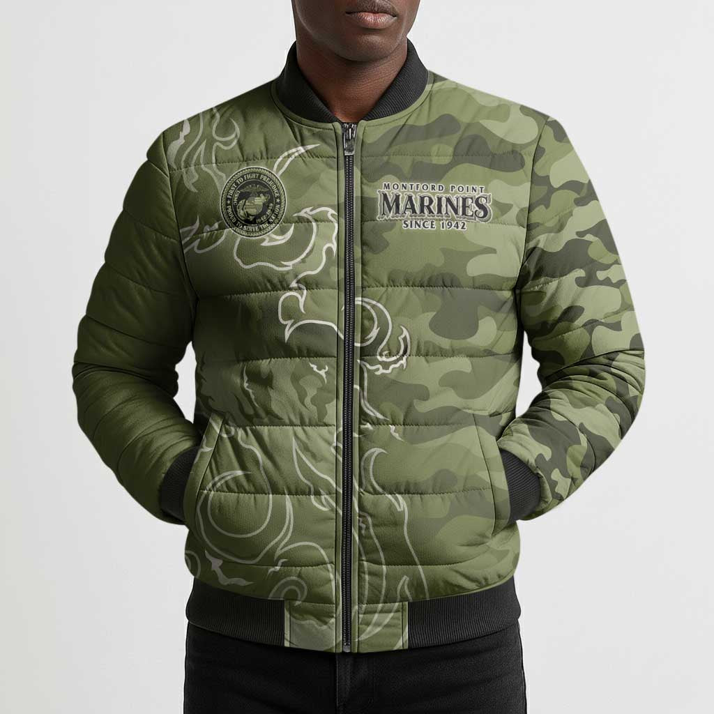 Montford Point Marines Bomber Puffer Jacket Flame Fire Military Green Camo