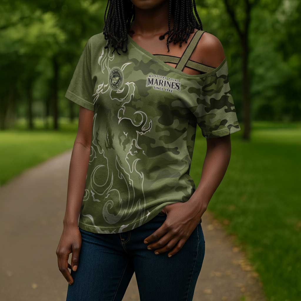 Montford Point Marines Cross Shoulder Shirt Flame Fire Military Green Camo