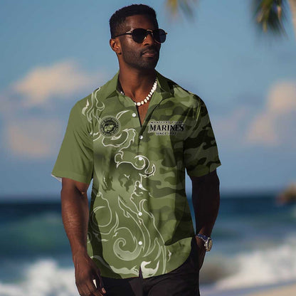 Montford Point Marines Hawaiian Shirt Flame Fire Military Green Camo