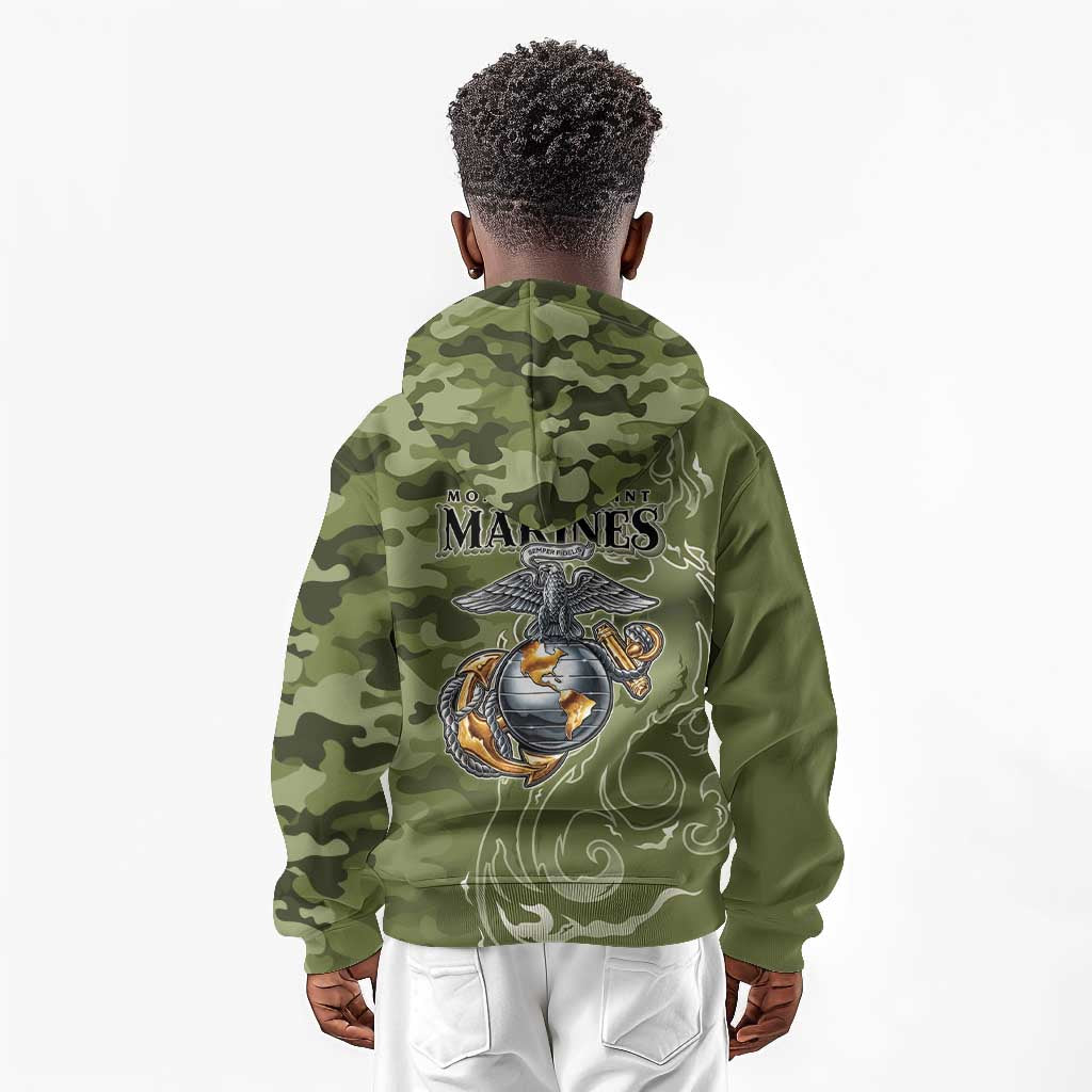 Montford Point Marines Kid Hoodie Flame Fire Military Green Camo