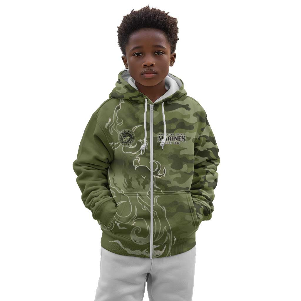 Montford Point Marines Kid Hoodie Flame Fire Military Green Camo