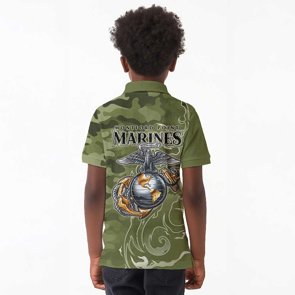 Montford Point Marines Kid Polo Shirt Flame Fire Military Green Camo