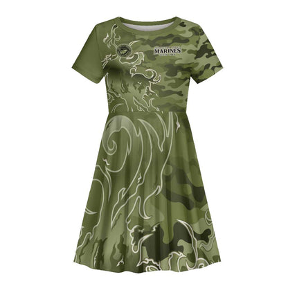 Montford Point Marines Kid Short Sleeve Dress Flame Fire Military Green Camo
