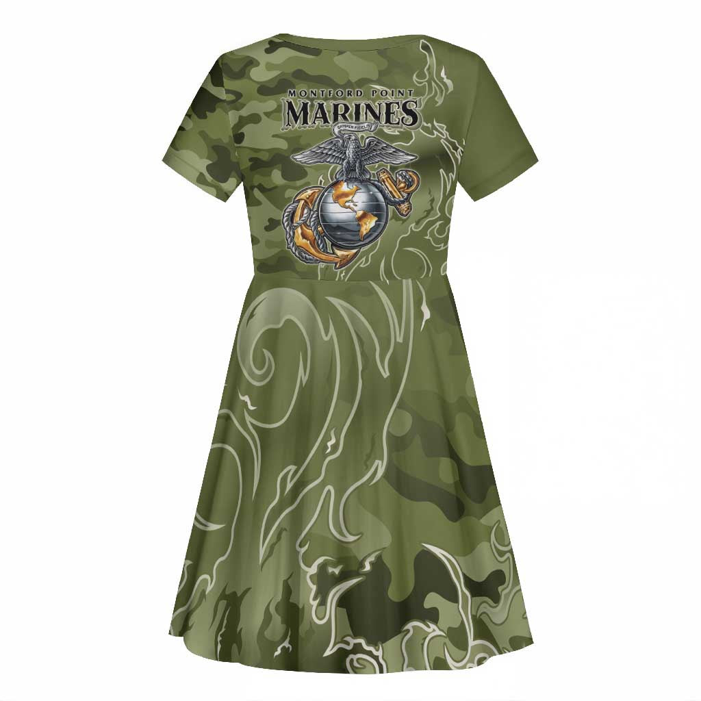 Montford Point Marines Kid Short Sleeve Dress Flame Fire Military Green Camo