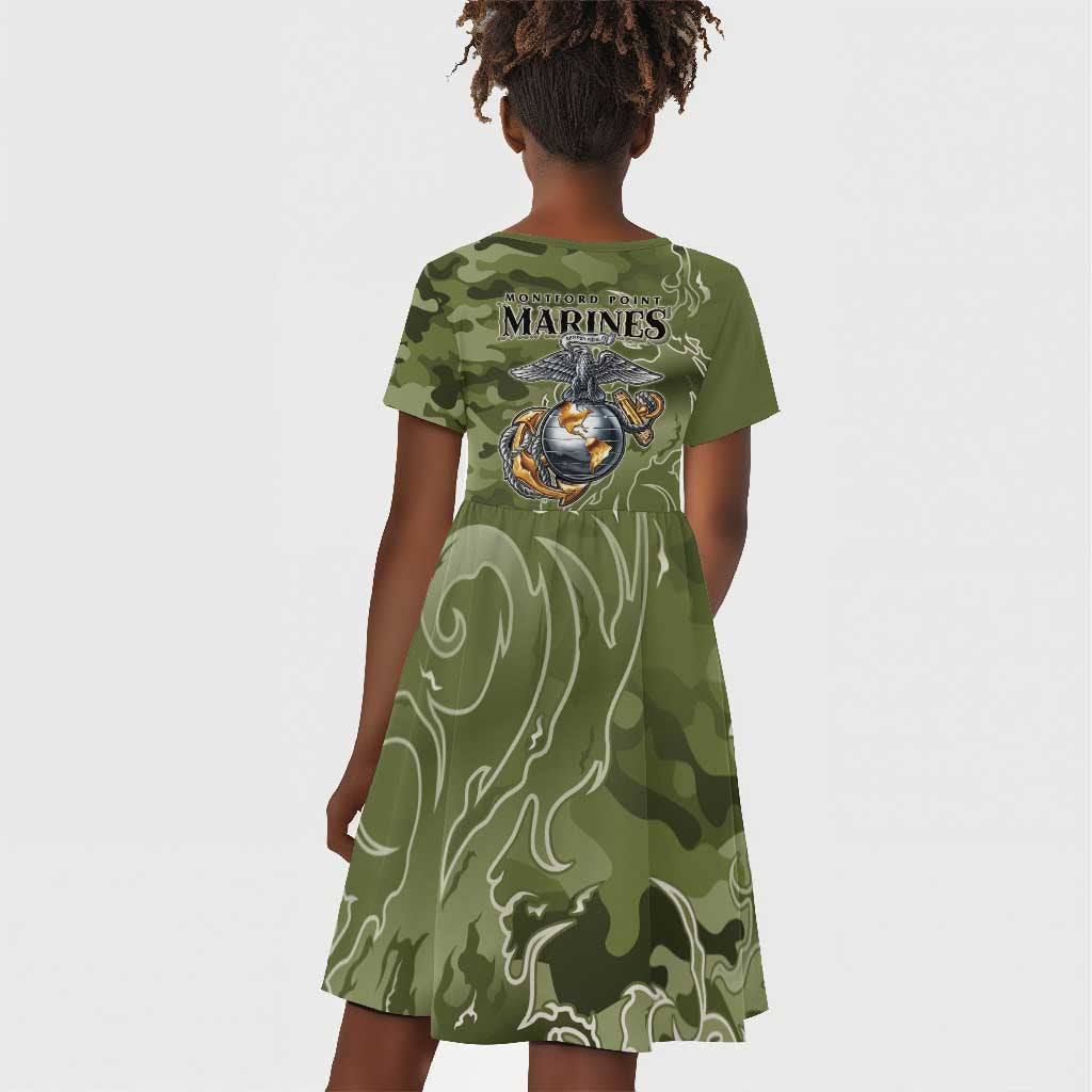 Montford Point Marines Kid Short Sleeve Dress Flame Fire Military Green Camo