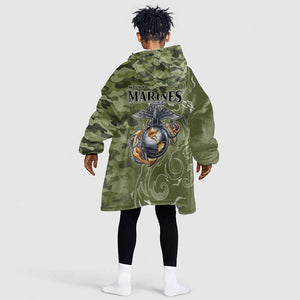 Montford Point Marines Kid Wearable Blanket Hoodie Flame Fire Military Green Camo