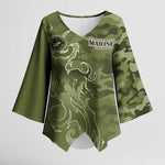 Montford Point Marines Kimono Sleeve Blouse Flame Fire Military Green Camo
