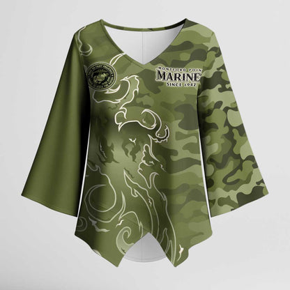 Montford Point Marines Kimono Sleeve Blouse Flame Fire Military Green Camo