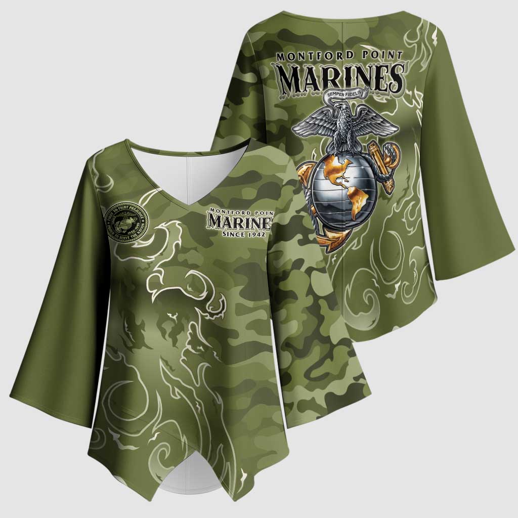 Montford Point Marines Kimono Sleeve Blouse Flame Fire Military Green Camo