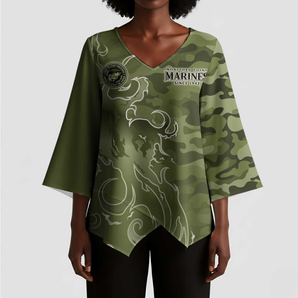 Montford Point Marines Kimono Sleeve Blouse Flame Fire Military Green Camo