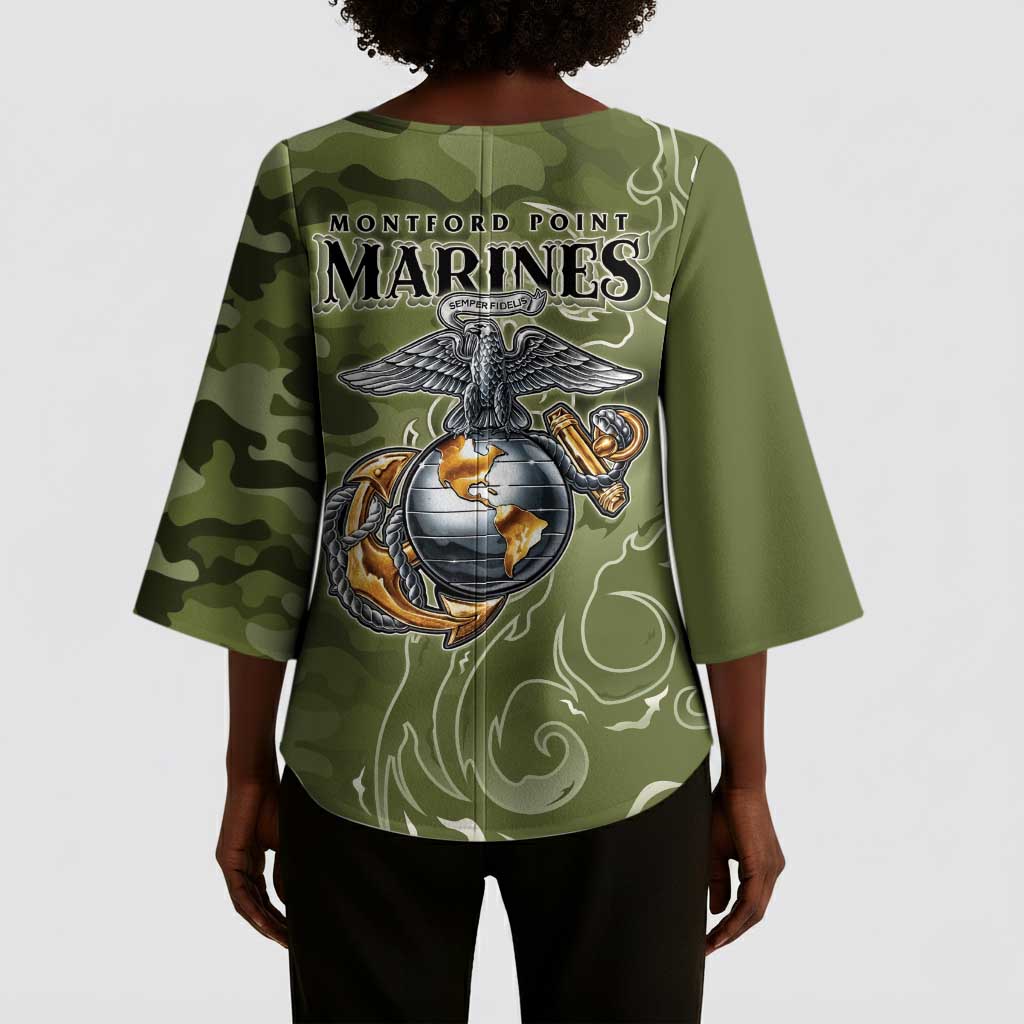 Montford Point Marines Kimono Sleeve Blouse Flame Fire Military Green Camo