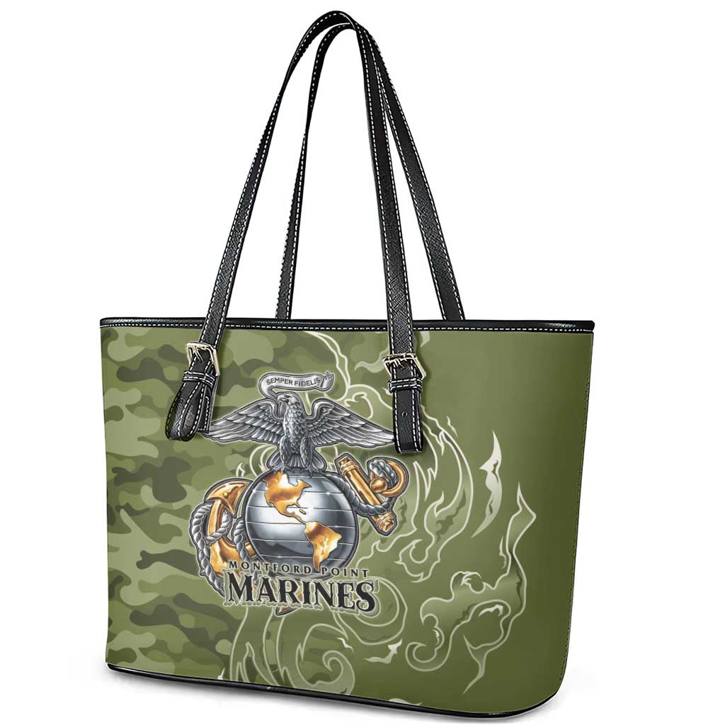 Montford Point Marines Leather Tote Bag Flame Fire Military Green Camo