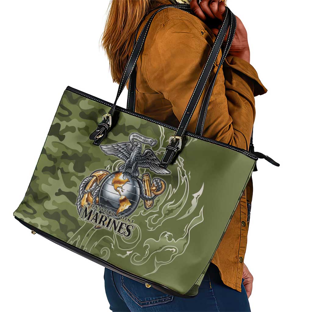 Montford Point Marines Leather Tote Bag Flame Fire Military Green Camo
