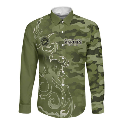 Montford Point Marines Long Sleeve Button Shirt Flame Fire Military Green Camo