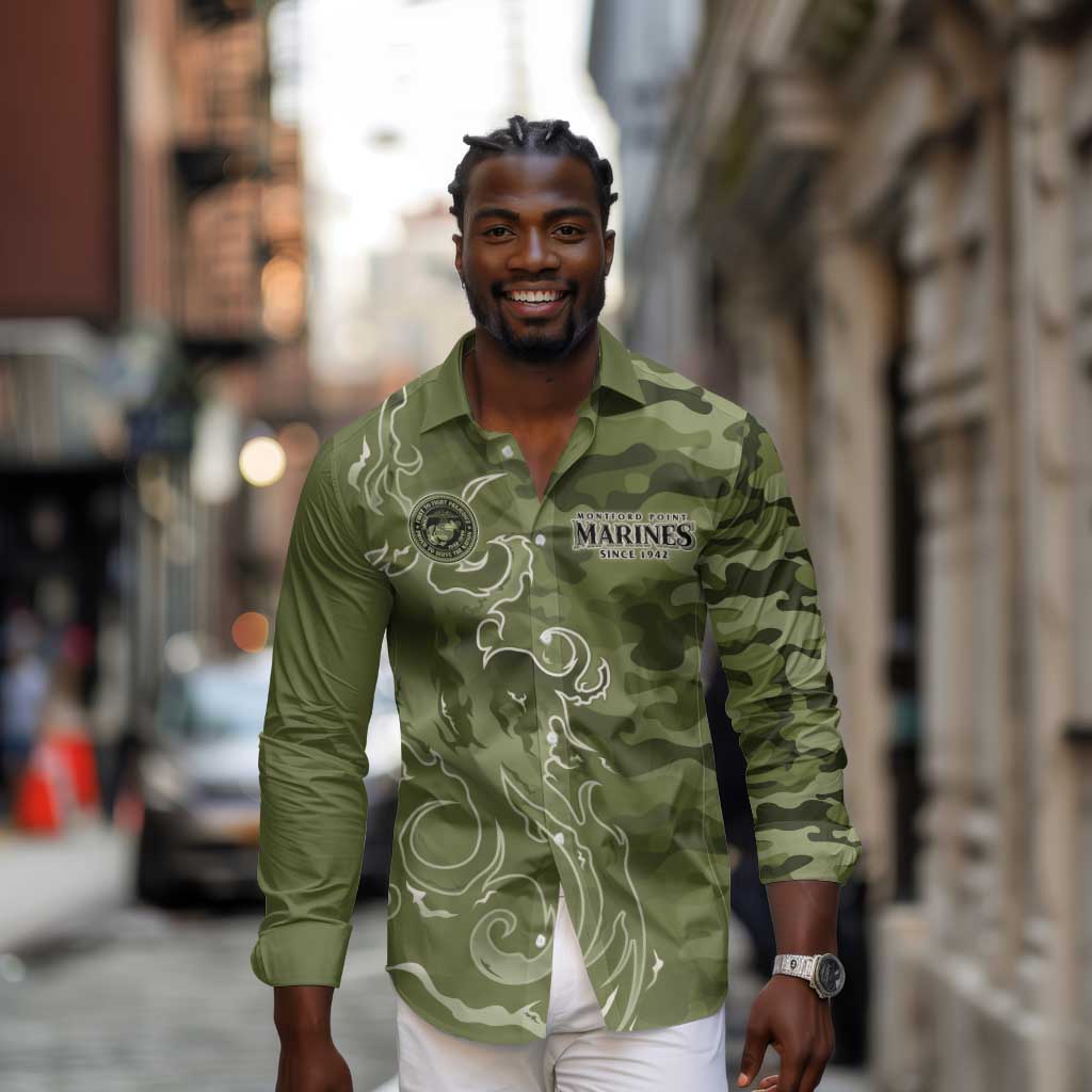 Montford Point Marines Long Sleeve Button Shirt Flame Fire Military Green Camo