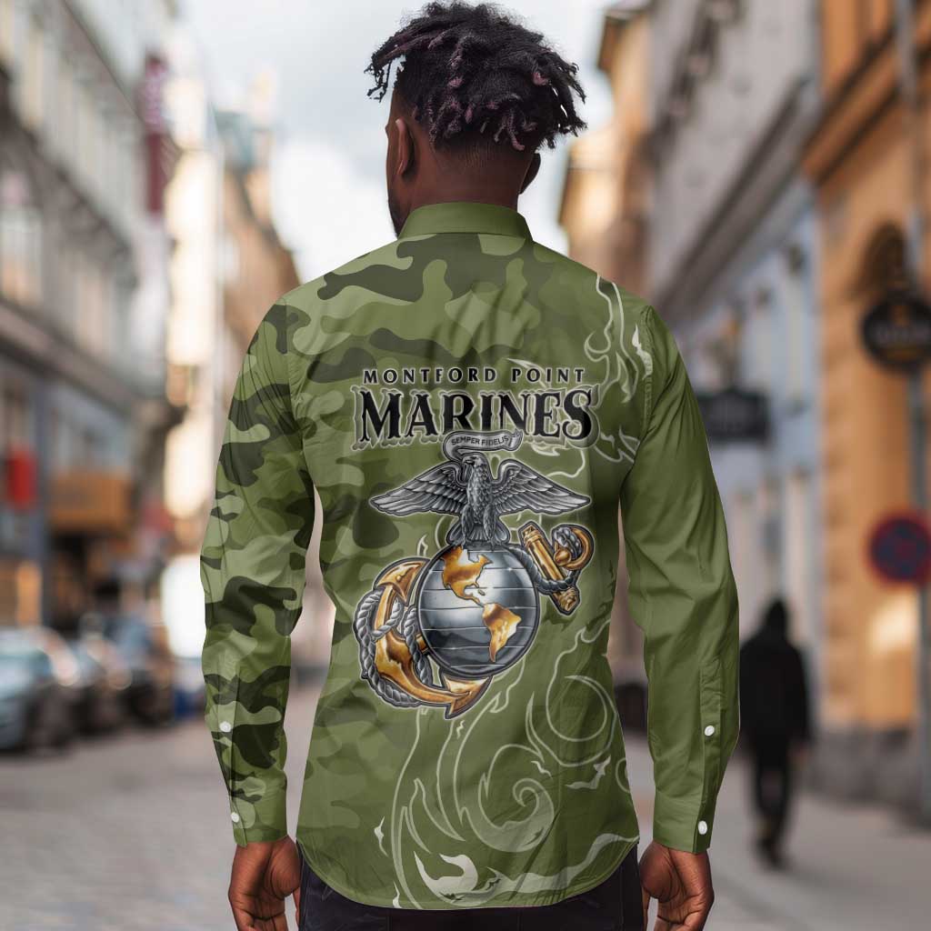 Montford Point Marines Long Sleeve Button Shirt Flame Fire Military Green Camo