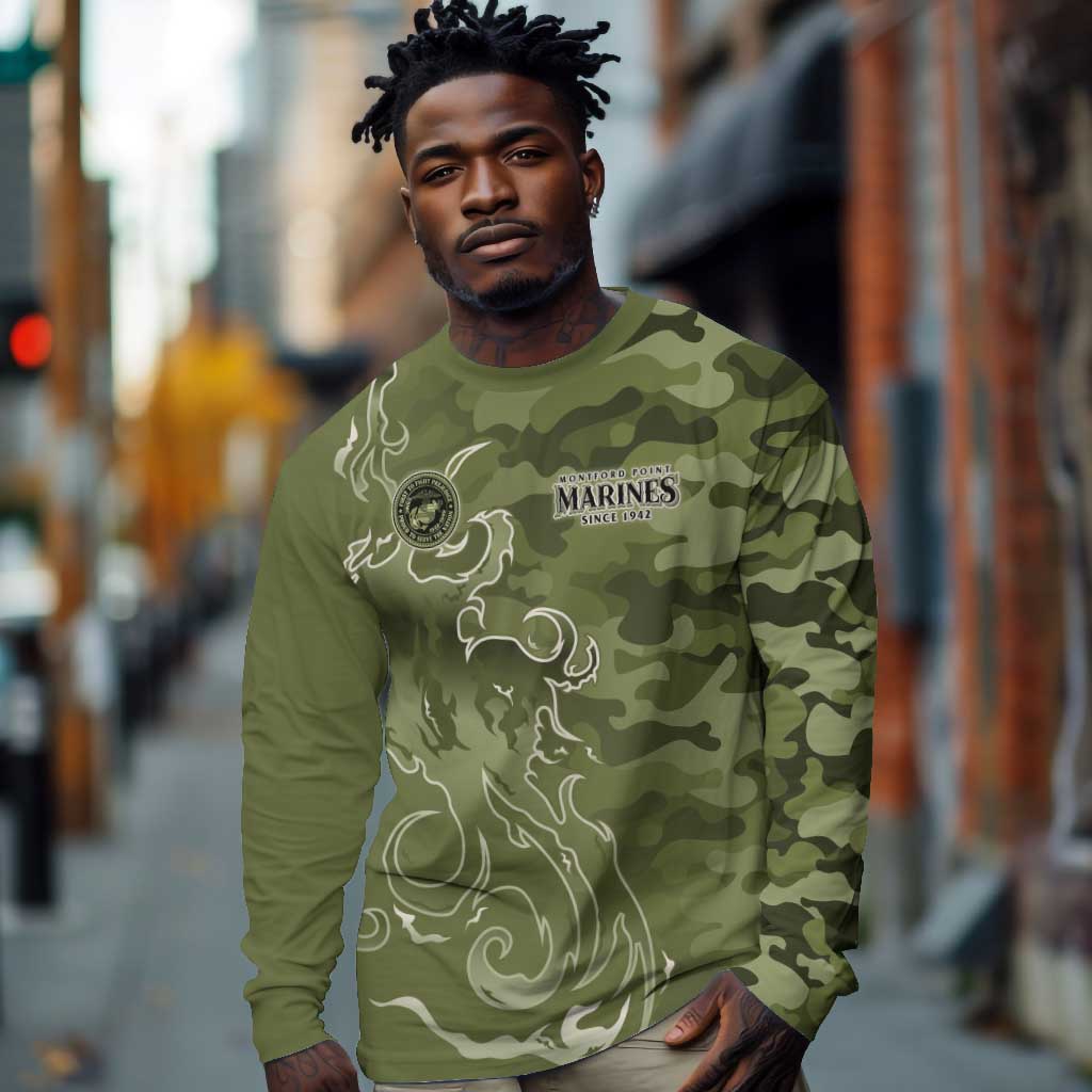 Montford Point Marines Long Sleeve Shirt Flame Fire Military Green Camo