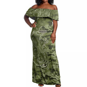 Montford Point Marines Off Shoulder Maxi Dress Flame Fire Military Green Camo