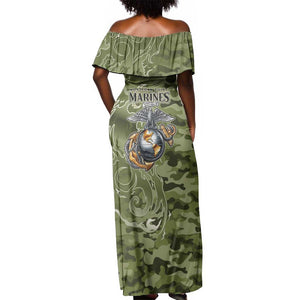Montford Point Marines Off Shoulder Maxi Dress Flame Fire Military Green Camo
