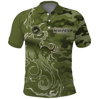 Montford Point Marines Polo Shirt Flame Fire Military Green Camo