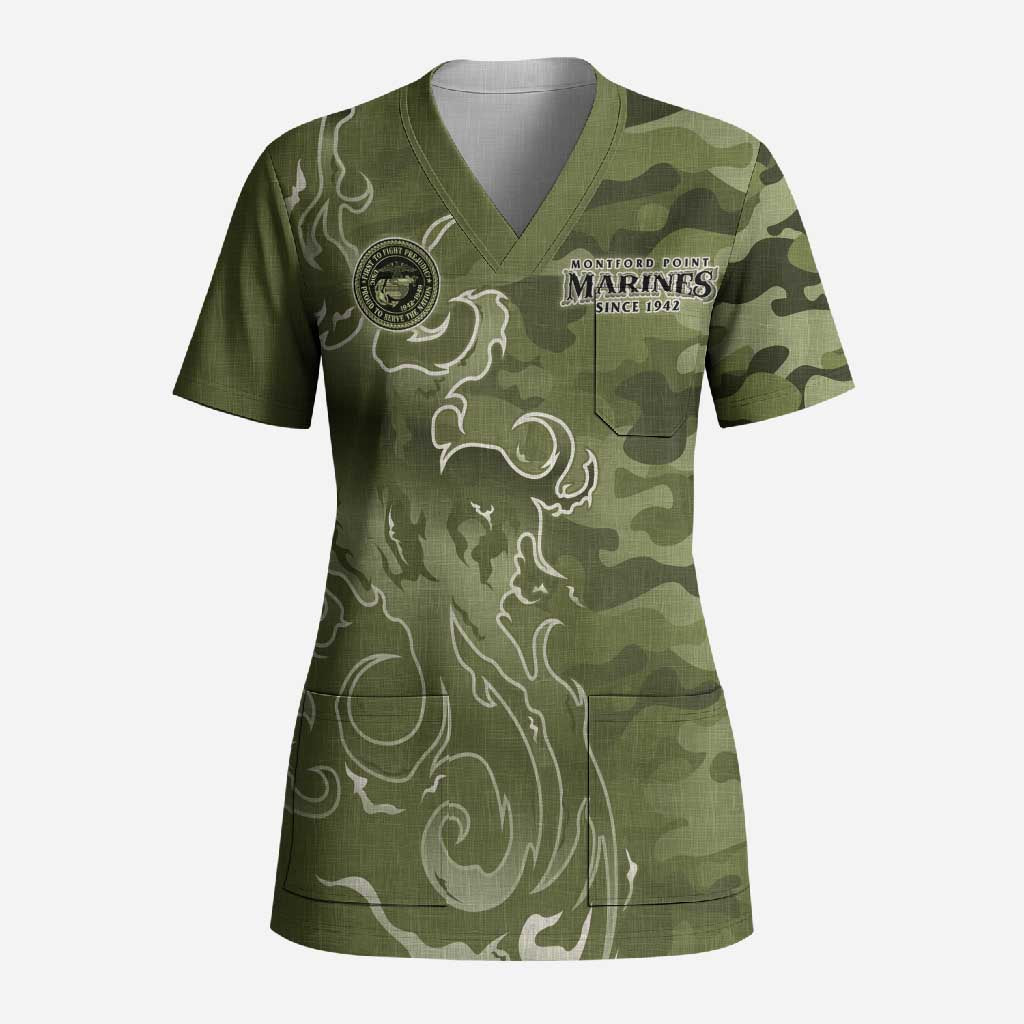 Montford Point Marines Scrub Top Flame Fire Military Green Camo