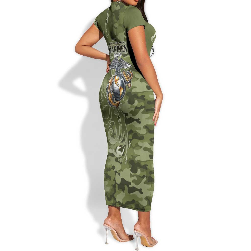 Montford Point Marines Short Sleeve Bodycon Dress Flame Fire Military Green Camo