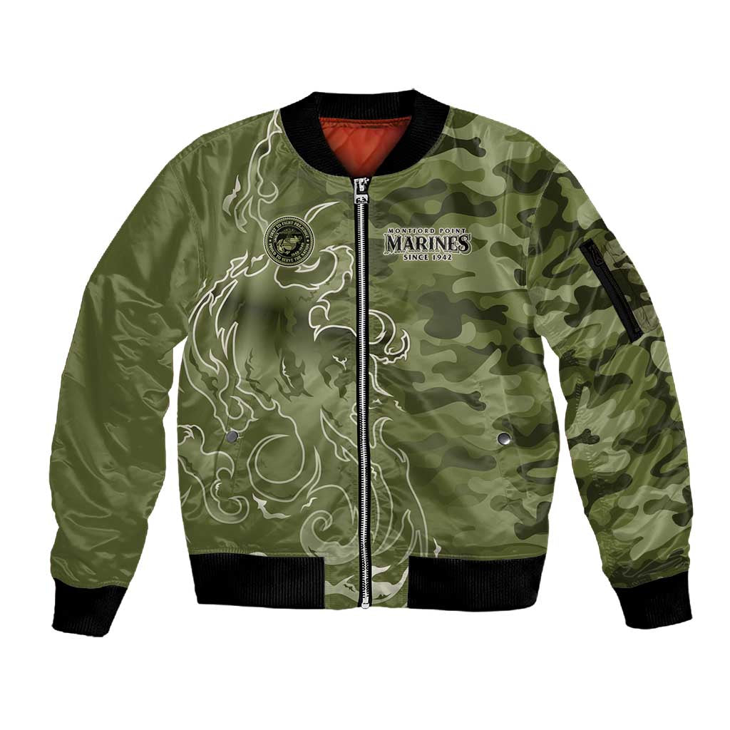 Montford Point Marines Sleeve Zip Bomber Jacket Flame Fire Military Green Camo