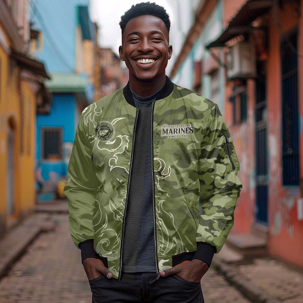 Montford Point Marines Sleeve Zip Bomber Jacket Flame Fire Military Green Camo