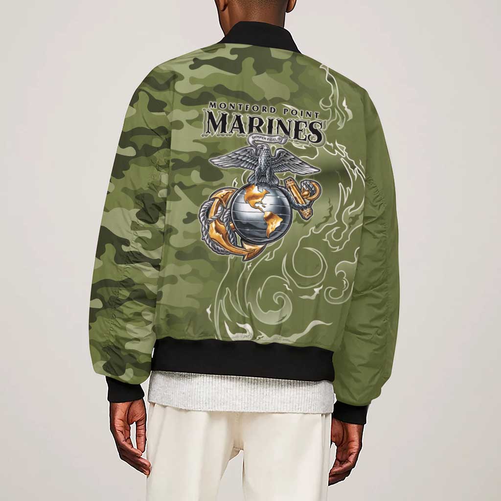 Montford Point Marines Sleeve Zip Bomber Jacket Flame Fire Military Green Camo
