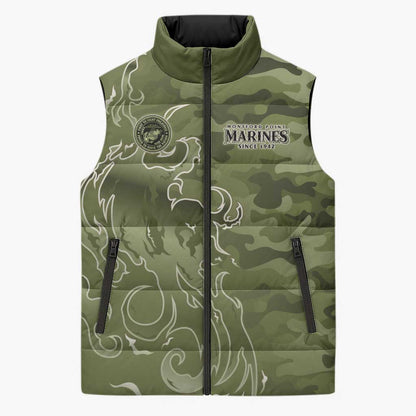 Montford Point Marines Sleeveless Puffer Jacket Flame Fire Military Green Camo