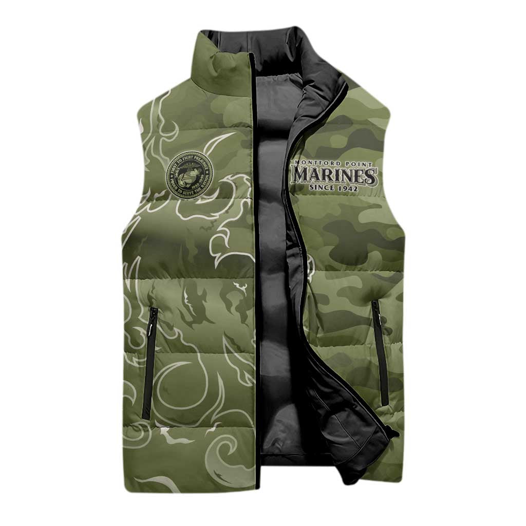 Montford Point Marines Sleeveless Puffer Jacket Flame Fire Military Green Camo