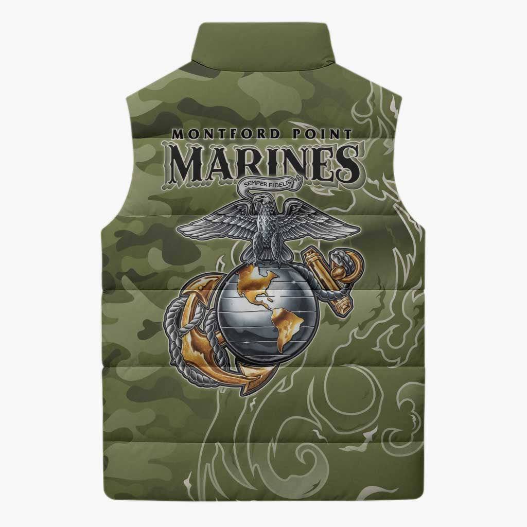 Montford Point Marines Sleeveless Puffer Jacket Flame Fire Military Green Camo