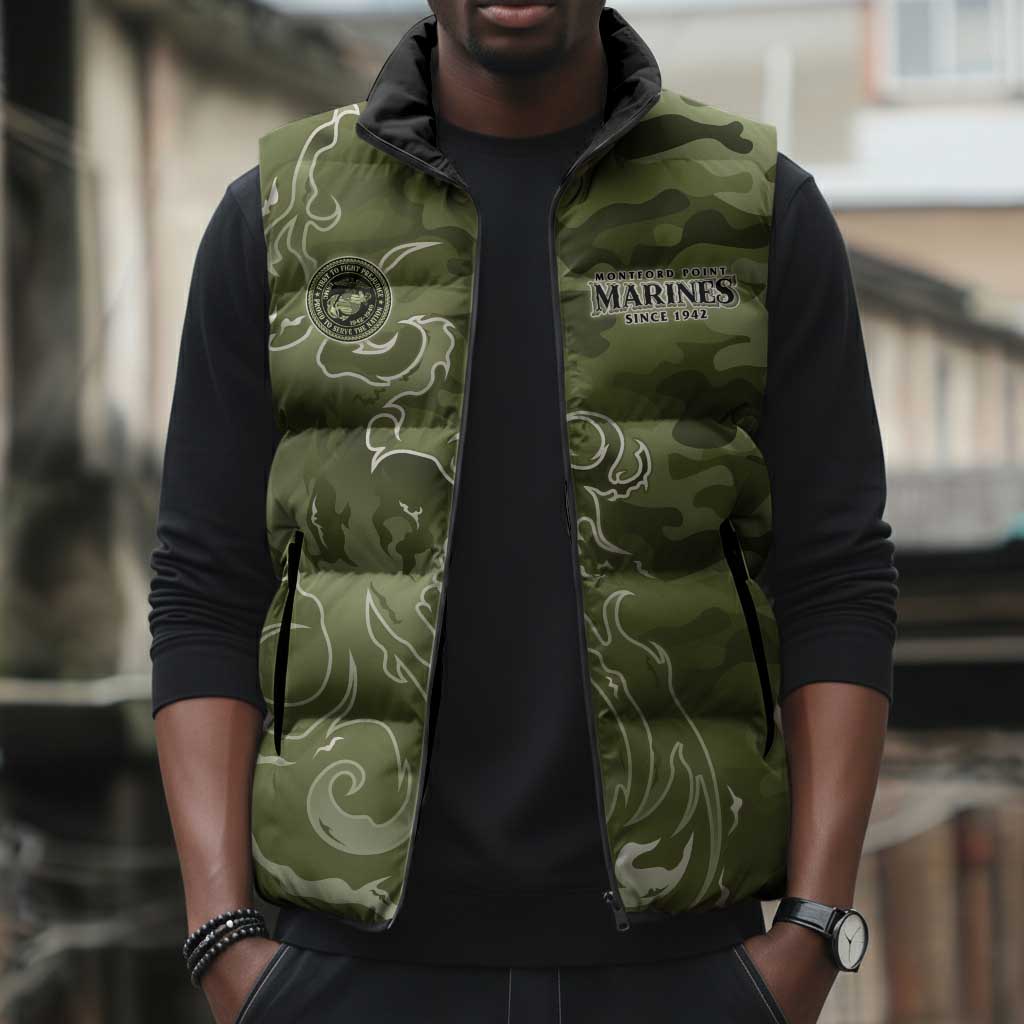 Montford Point Marines Sleeveless Puffer Jacket Flame Fire Military Green Camo