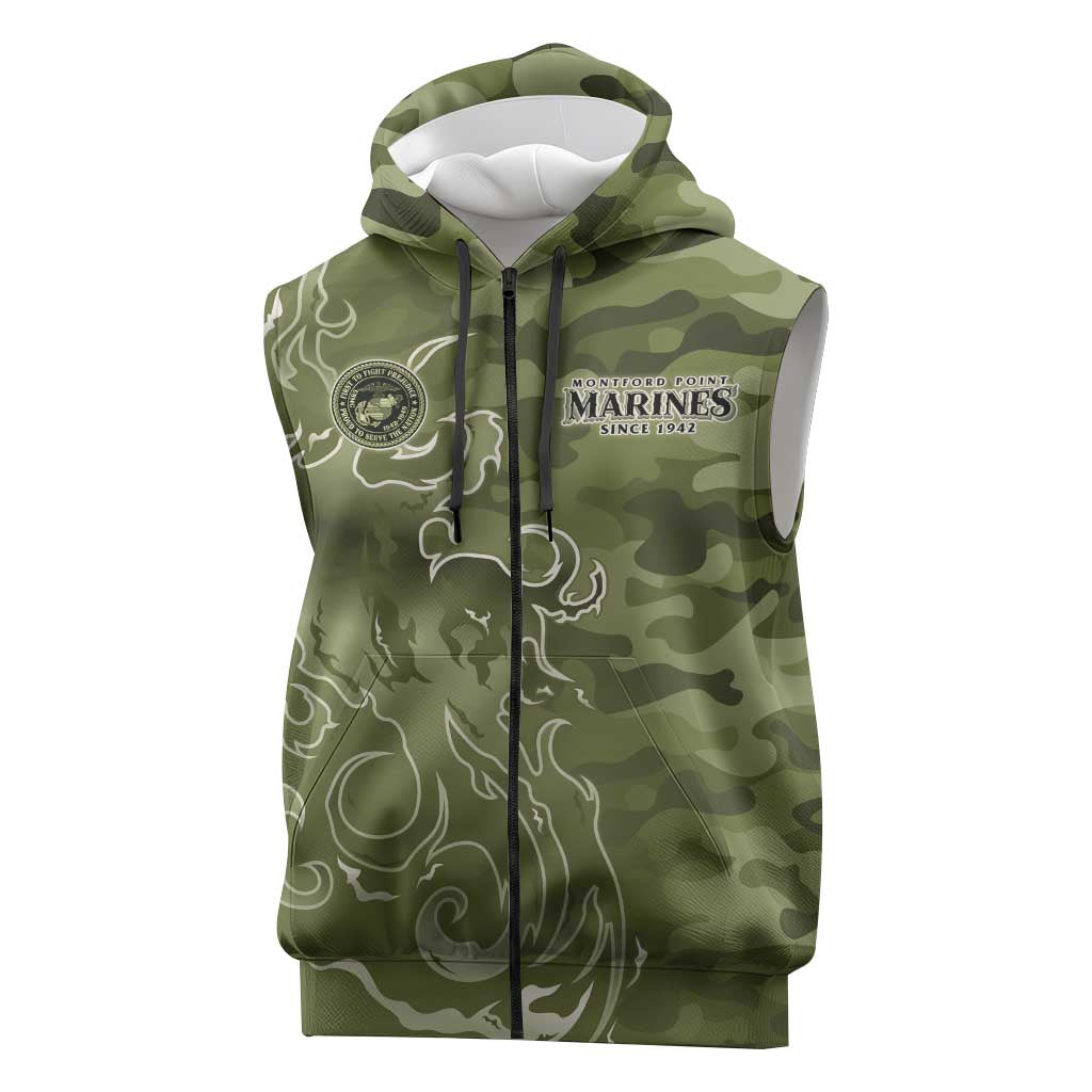 Montford Point Marines Sleeveless Zip Hoodie Flame Fire Military Green Camo