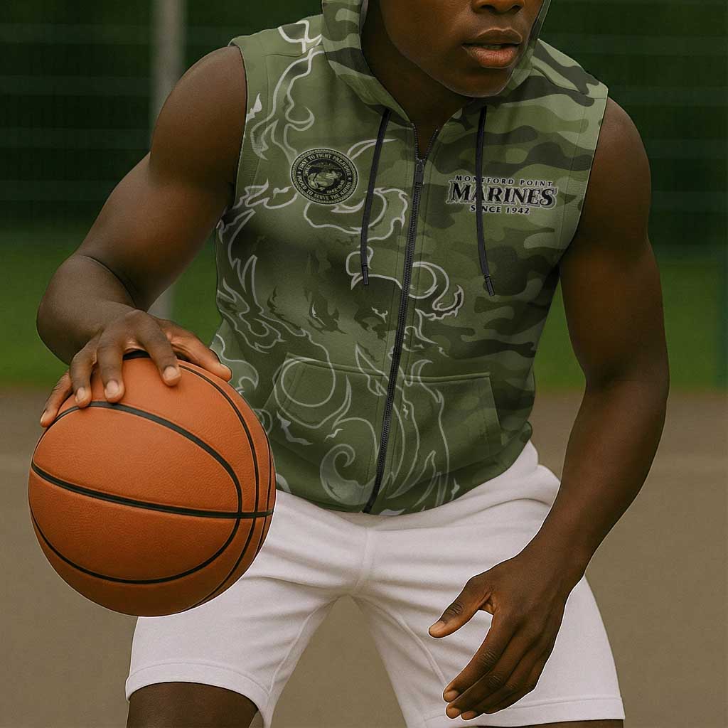 Montford Point Marines Sleeveless Zip Hoodie Flame Fire Military Green Camo