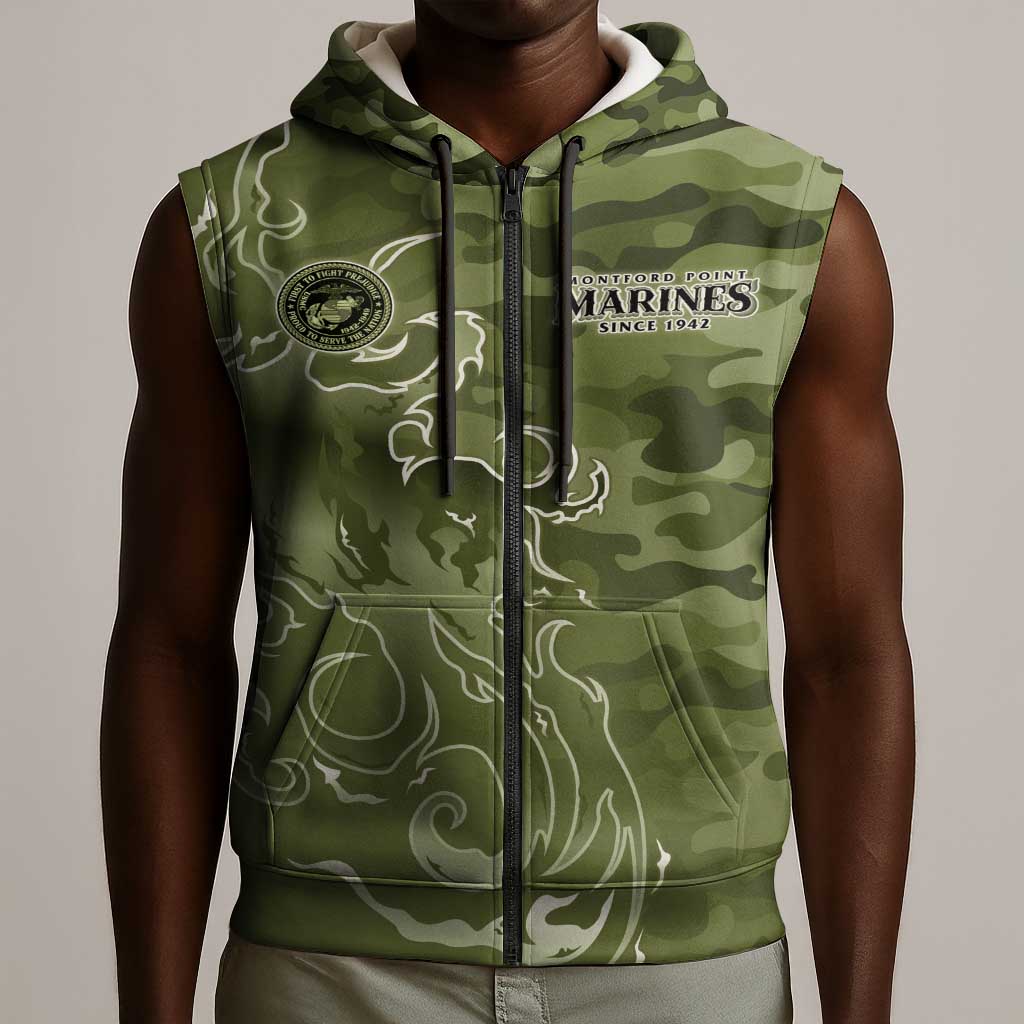 Montford Point Marines Sleeveless Zip Hoodie Flame Fire Military Green Camo