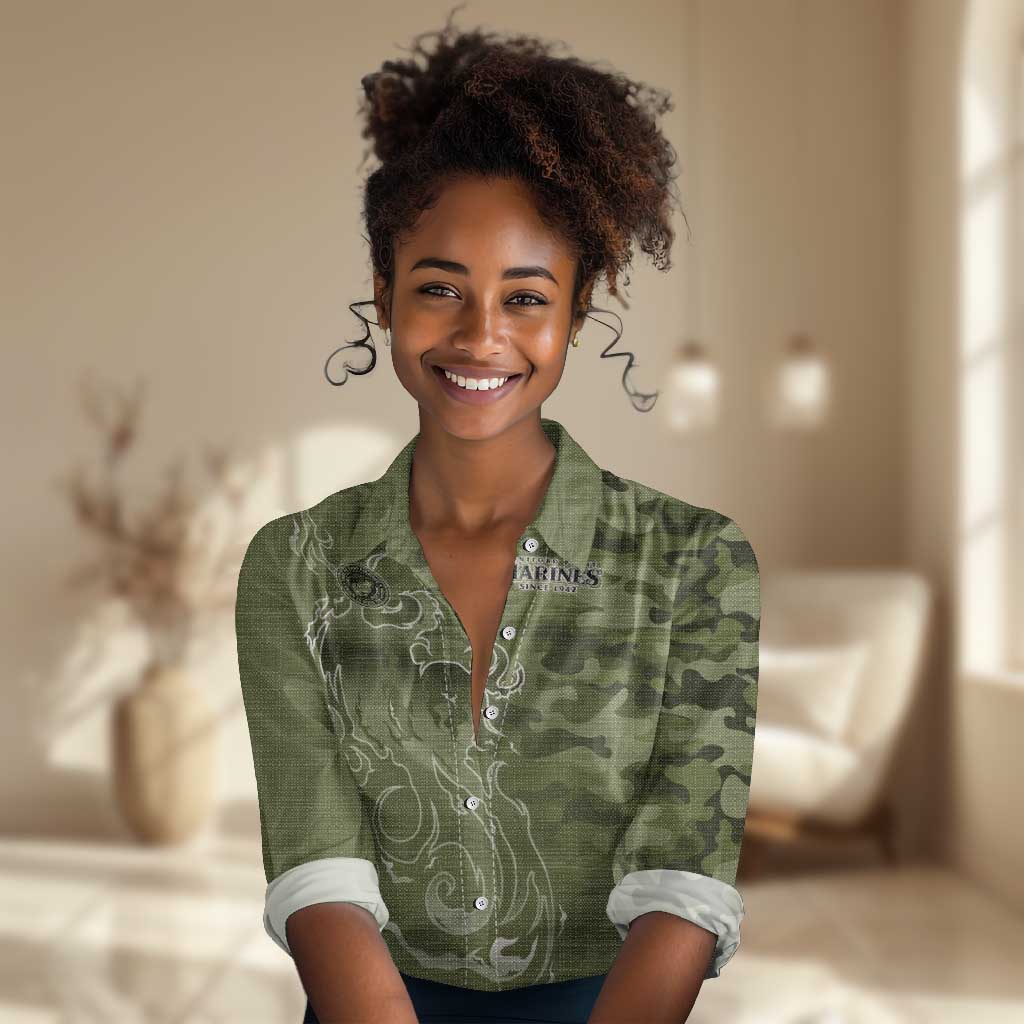 Montford Point Marines Women Casual Shirt Flame Fire Military Green Camo
