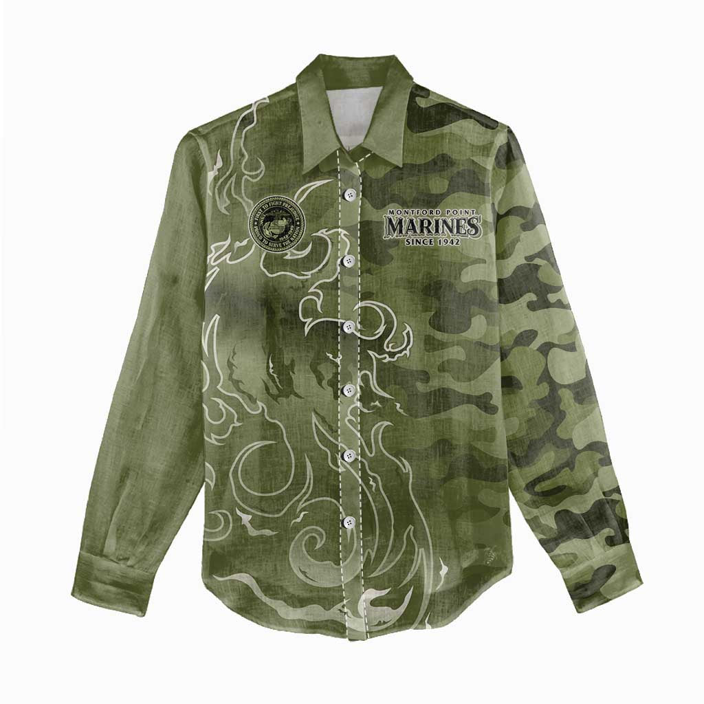 Montford Point Marines Women Casual Shirt Flame Fire Military Green Camo