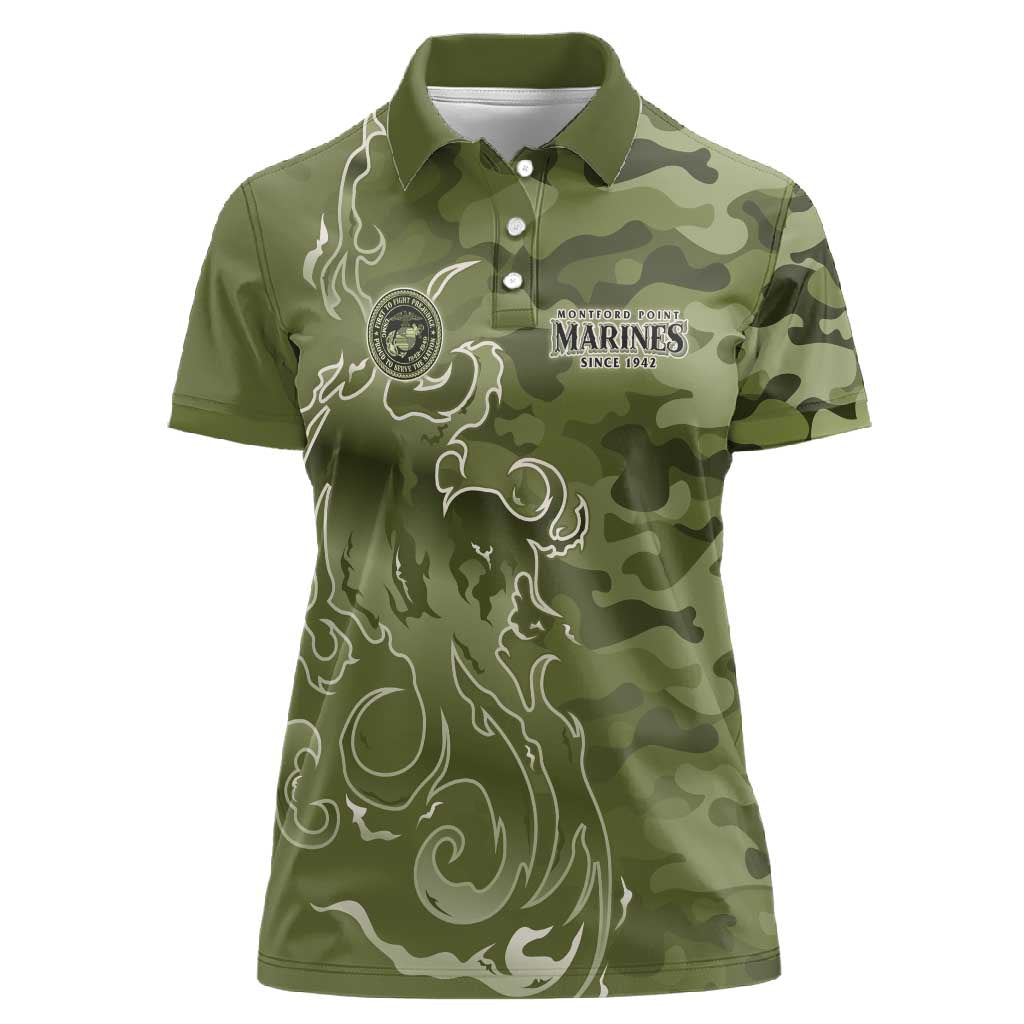 Montford Point Marines Women Polo Shirt Flame Fire Military Green Camo